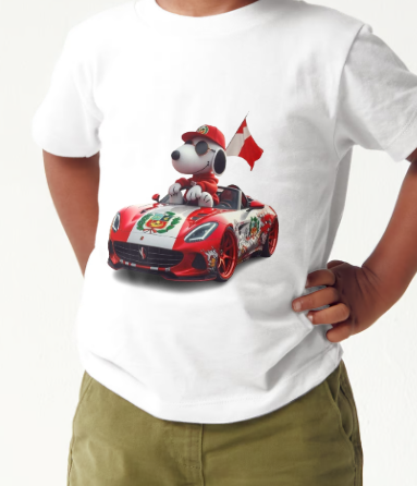 Snoopy in Race Car With Flag of Peru