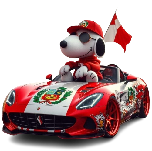 Snoopy in Race Car With Flag of Peru